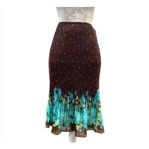 Vtg 90s 4 U Design midi skirt Sz XL brown polka dots pleated turquoise floral
